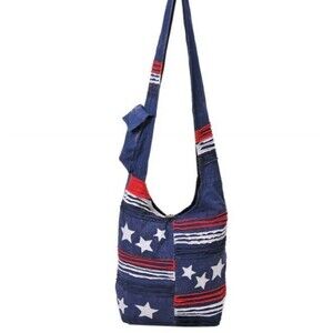 Americana HOBO BAG Large Crossbody Patriotic Shredded Stone Wash Patchwork Purse